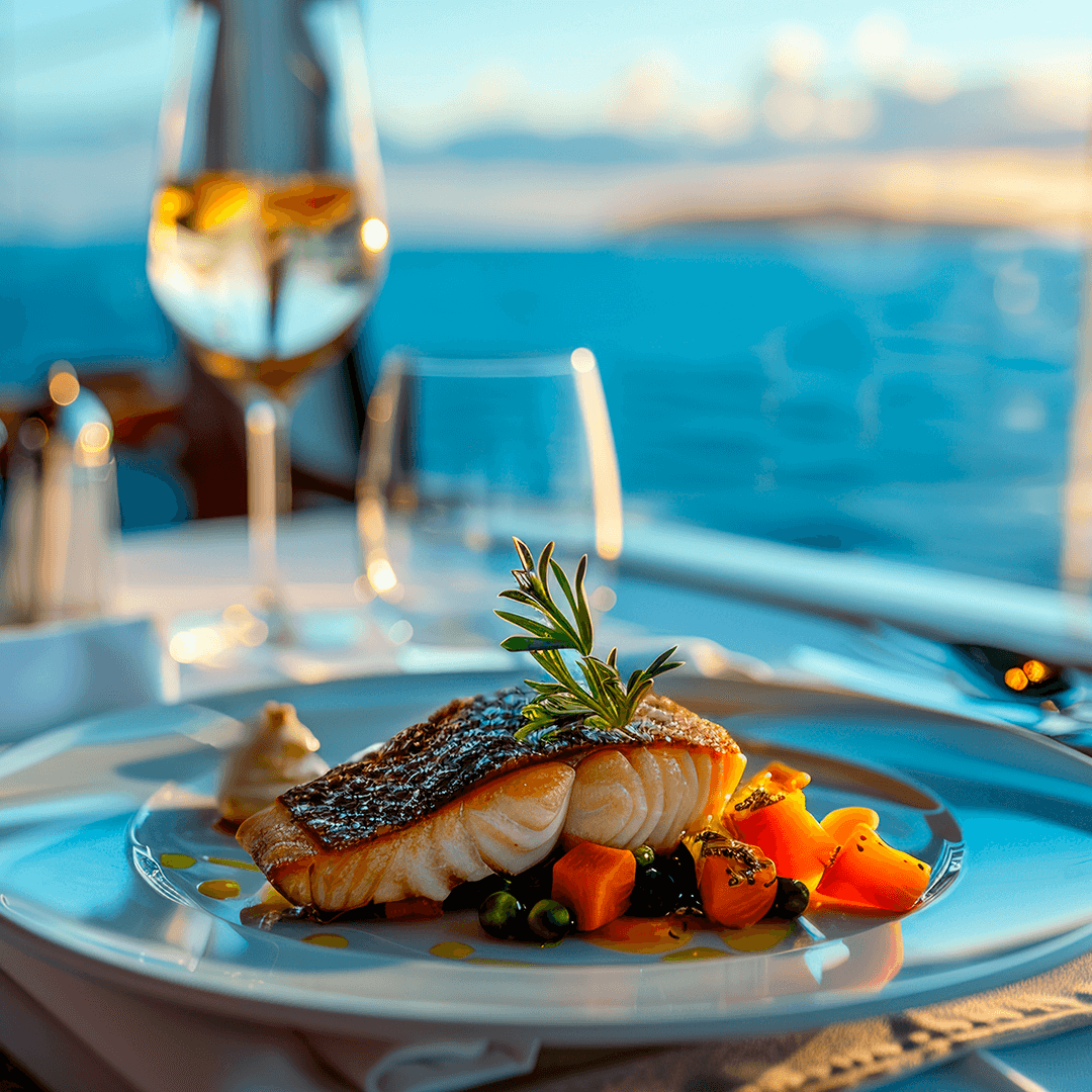 Refeição gourmet servida a bordo, com prato de peixe grelhado e vegetais, representando o abastecimento alimentar para navios.